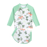 Trendy Two-piece Swimsuit Set for Girls, Tropical Palm Tree Print, Long-sleeved Sun Protection