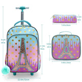 3PCS Kid Girl Rolling Iron Tower Pink Backpack Wheeled School BookBag With Lunch And Pen Bag