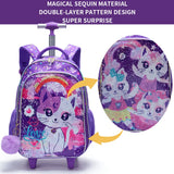 3PCS Set Kid Girl Rolling Backpack Cute Cartoon Cat Sequin Wheeled Bookbag