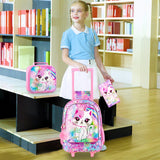 4PCS Kids Girl Rolling Backpack Cute Cat Sequin Wheeled Bookbag