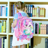 4PCS Kids Girl Rolling Backpack Cute Cat Sequin Wheeled Bookbag