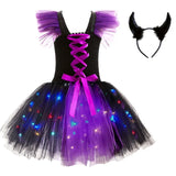 Purple Tulle Witch Puffy Dress with LED Lights for Kids, Girls' Costume for Halloween Party Performances & Birthday Parties