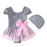 Kid Girls One Piece Cute Swimsuit Short Sleeve Mesh Bowknot Swimwear