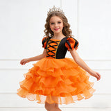 Girls Halloween Costume Puff Sleeve Ruffled Tiered Tulle Dress+Witch Hat+Pumpkin Candy Bag Trick or Treat Party Kid Outfit 3pcs