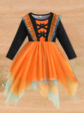 0-8Y Little Toddler Girl Halloween Print Ruffled Trim Crew Neck Long Sleeve Dresses