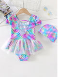 Kid Girls One Piece Cute Swimsuit Short Sleeve Mesh Bowknot Swimwear