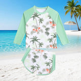 Trendy Two-piece Swimsuit Set for Girls, Tropical Palm Tree Print, Long-sleeved Sun Protection