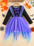 0-3Y Baby Toddler Girl Halloween Bat Print Ruffled Long Sleeve Mesh Dresses