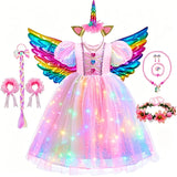 Kids Unicorn Costume LED Light Up Dress Sparkly Sequin Tulle Gown for Girls Fancy Dress for Wedding Guest Pageant Carnival