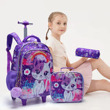 3PCS Set Kid Girl Rolling Backpack Cute Cartoon Cat Sequin Wheeled Bookbag