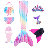 Kid Girls Monofin Swimming Mermaid Cosplay Swimsuit Bikini  7Pcs/Set