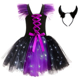 Purple Tulle Witch Puffy Dress with LED Lights for Kids, Girls' Costume for Halloween Party Performances & Birthday Parties