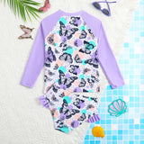 Girls Cute Butterfly Print Two-Piece Swimsuit with Long Sleeve Rash Guard Ruffle Bottom