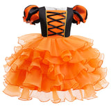 Girls Halloween Costume Puff Sleeve Ruffled Tiered Tulle Dress+Witch Hat+Pumpkin Candy Bag Trick or Treat Party Kid Outfit 3pcs