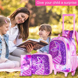 3PCS Kid Girl Mermaid Rolling Backpack Wheeled School Bag