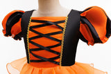 Girls Halloween Costume Puff Sleeve Ruffled Tiered Tulle Dress+Witch Hat+Pumpkin Candy Bag Trick or Treat Party Kid Outfit 3pcs