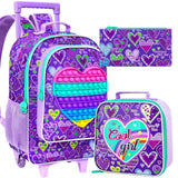3PCS Kid Girl Rolling Folding Heart Backpack Bookbag Wheeled School Bag