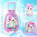 4PCS Kids Girl Rolling Backpack Cute Cat Sequin Wheeled Bookbag