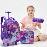 3PCS Set Kid Girl Rolling Backpack Cute Cartoon Cat Sequin Wheeled Bookbag