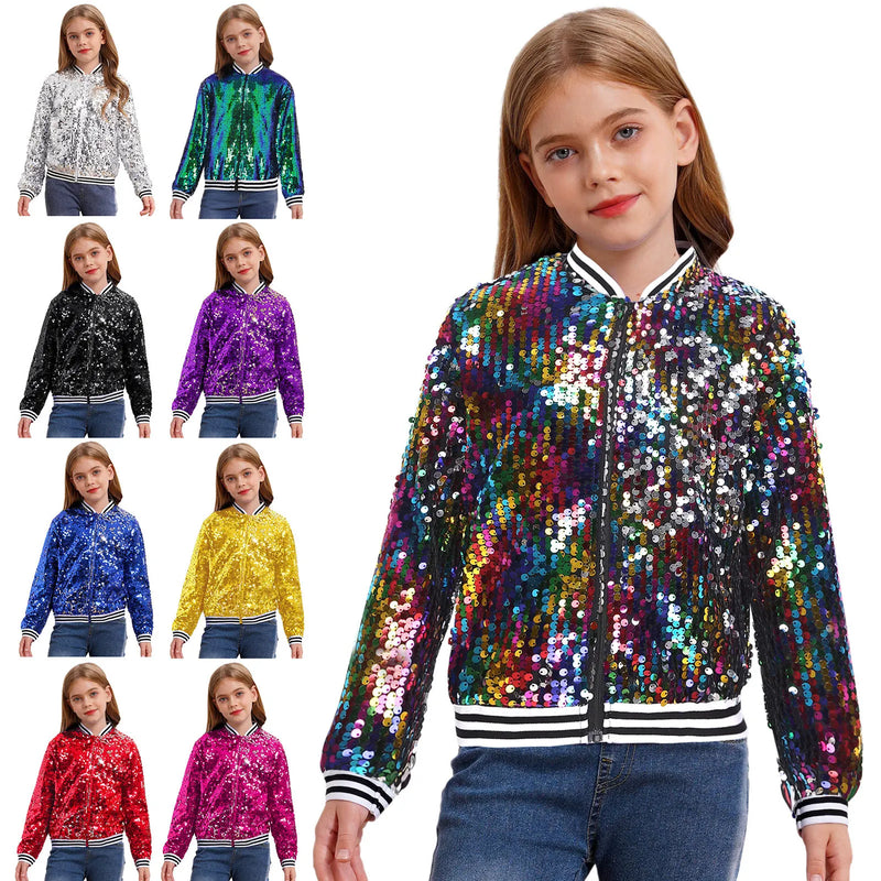 6-16Y Kids Girls Hip Hop Jazz Street Dance Performance Outerwear Sequin Jacket Coat