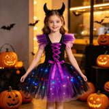 Purple Tulle Witch Puffy Dress with LED Lights for Kids, Girls' Costume for Halloween Party Performances & Birthday Parties