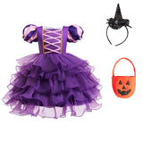 Girls Halloween Costume Puff Sleeve Ruffled Tiered Tulle Dress+Witch Hat+Pumpkin Candy Bag Trick or Treat Party Kid Outfit 3pcs