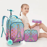 3PCS Kid Girl Rolling Iron Tower Pink Backpack Wheeled School BookBag With Lunch And Pen Bag