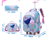 3 pcs/Set Kid Travel Mermaid Trolley Rolling Backpack Wheeled Trolley School Bag