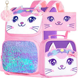 3PCS Kids Cat Backpack Sequin Pink School Bookbag
