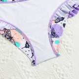 Girls Cute Butterfly Print Two-Piece Swimsuit with Long Sleeve Rash Guard Ruffle Bottom