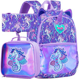 3Pcs Kid Girl Seahorse Backpacks Set School Bookbag