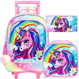 3PCS Kid Girls Rolling Mermaid Backpack Wheeled School Bag