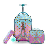 3PCS Kid Girl Rolling Iron Tower Pink Backpack Wheeled School BookBag With Lunch And Pen Bag