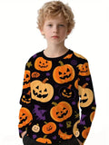 2-12Y Kid Boy Halloween Pumpkin Print Autumn Long Sleeve Casual T-Shirt Tops