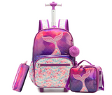 3 pcs/Set Kid Travel Mermaid Trolley Rolling Backpack Wheeled Trolley School Bag