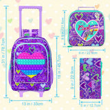 3PCS Kid Girl Rolling Folding Heart Backpack Bookbag Wheeled School Bag