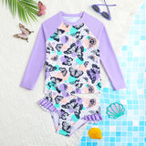 Girls Cute Butterfly Print Two-Piece Swimsuit with Long Sleeve Rash Guard Ruffle Bottom
