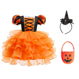 Girls Halloween Costume Puff Sleeve Ruffled Tiered Tulle Dress+Witch Hat+Pumpkin Candy Bag Trick or Treat Party Kid Outfit 3pcs
