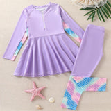 Kid Girls Swimsuits Fish Scale Pattern Long Sleeve Beachwear