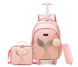3 pcs/Set Kid Travel Mermaid Trolley Rolling Backpack Wheeled Trolley School Bag