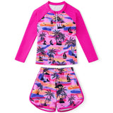Girls Two Piece Swimwear Long Sleeve Rash Guard Shirts Quick-Dry Bathing Suit Summer Beach Wear