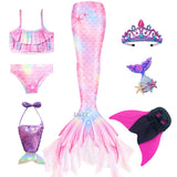 Kid Girls Monofin Swimming Mermaid Cosplay Swimsuit Bikini  7Pcs/Set