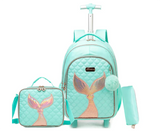 3 pcs/Set Kid Travel Mermaid Trolley Rolling Backpack Wheeled Trolley School Bag