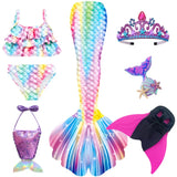 Kid Girls Monofin Swimming Mermaid Cosplay Swimsuit Bikini  7Pcs/Set