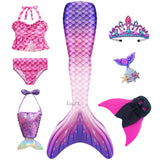Kid Girls Monofin Swimming Mermaid Cosplay Swimsuit Bikini  7Pcs/Set