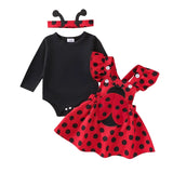0-18M First Halloween Baby Girl Outfit Long Sleeve Romper Ladybug Suspender 3 Pcs Set