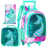3PCS Kid Girl Mermaid Rolling Backpack Wheeled School Bag