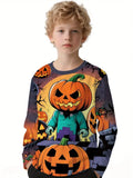 2-12Y Kid Boy Halloween Pumpkin Print Autumn Long Sleeve Casual T-Shirt Tops
