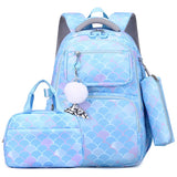 3pcs/Set Fish Scale Print Kid Backpack Mermaid Waterproof Schoolbag