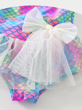 Kid Girls One Piece Cute Swimsuit Short Sleeve Mesh Bowknot Swimwear